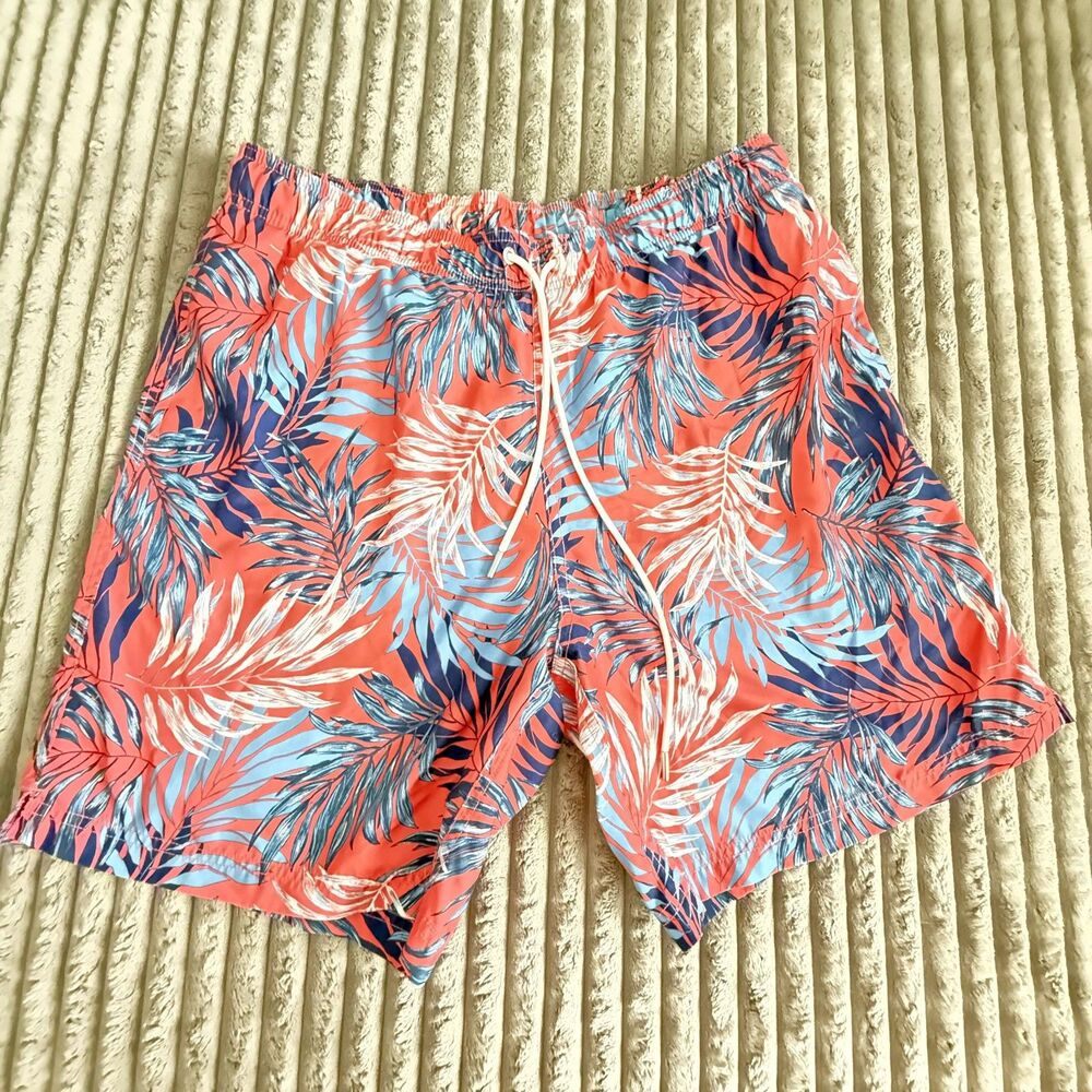 Lands End Tropical Palm Leaf Swim Trunks Mesh Lined Coral Men’s L 36-38 MSRP $55